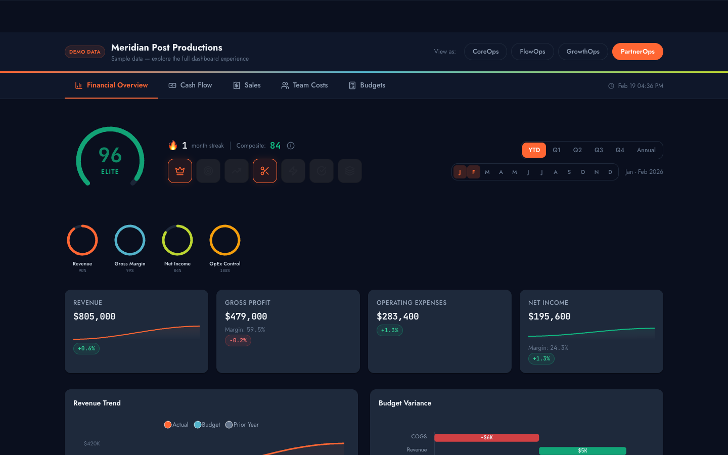 TopOps AI Financial Dashboard showing health score of 96, revenue of $805K, gross profit, operating expenses, net income KPI cards, and revenue trend charts